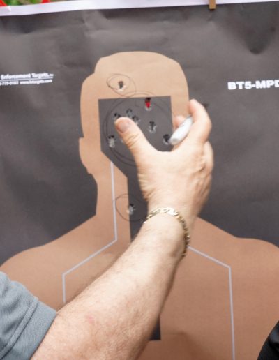 Close up of paper head target with bullet holes